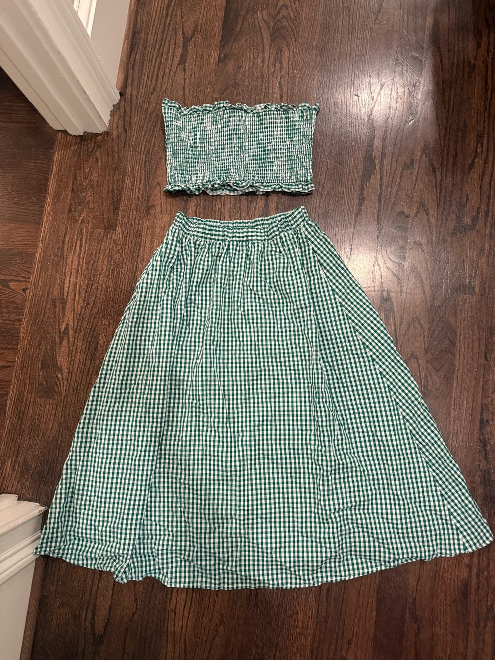 English Factory Green Gingham A-Line Midi Skirt and Tube Top Set